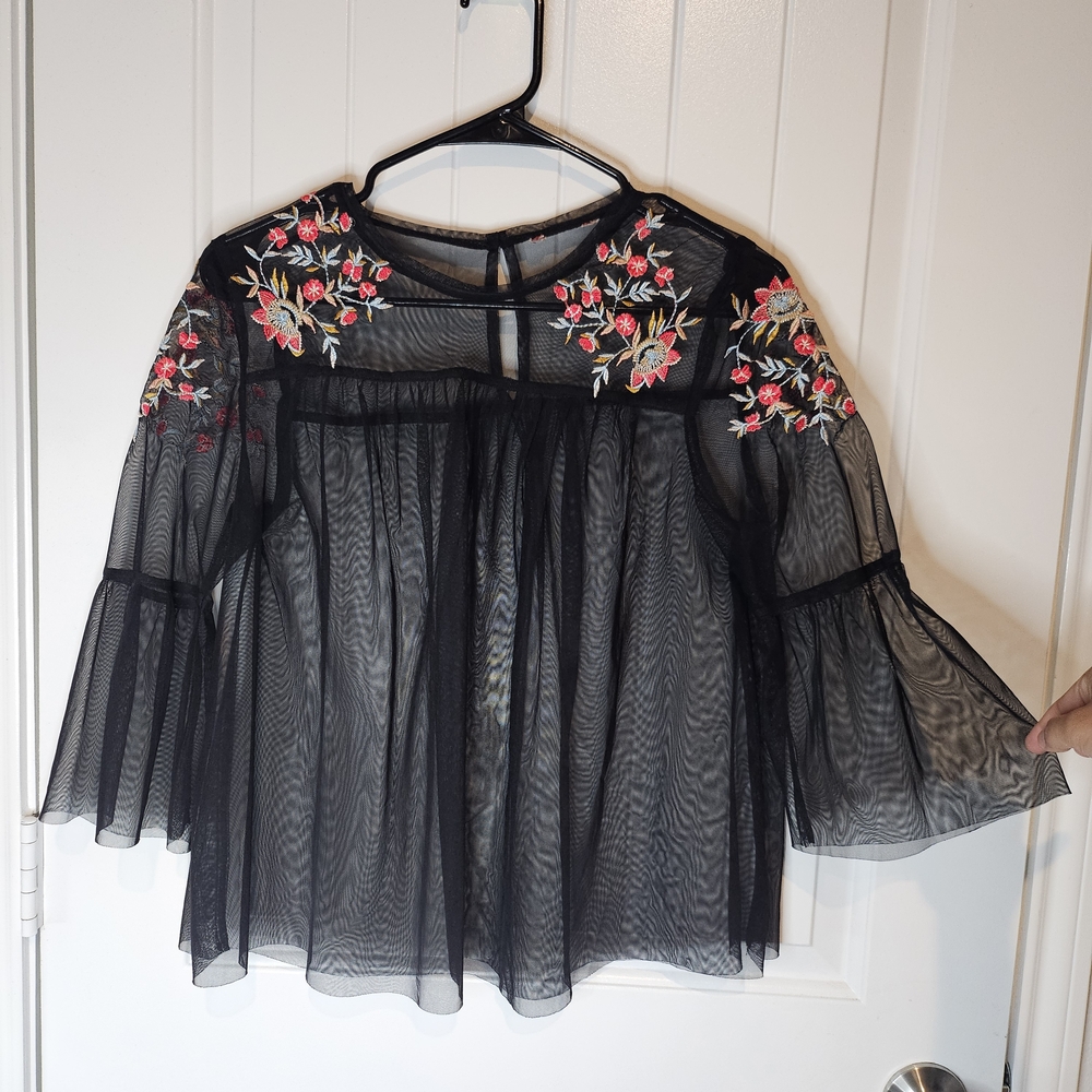Black EMBROIDERED Chiffon ARIZONA JEAN CO Size S Tulle Sheer Blouse Top
